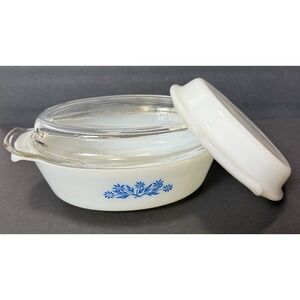 ANCHOR HOCKING Fire King VTG Blue Cornflower Casserole Dish #433 1.5 QT - 2 Lids